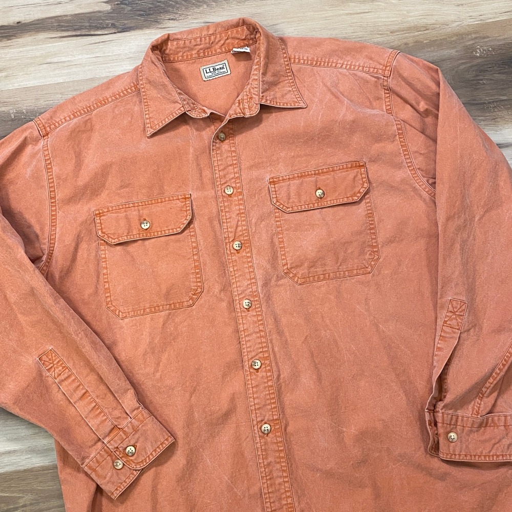 LL Bean Button Up Shirt Large Sunwashed Canvas Workwear Cotton Orange Regular